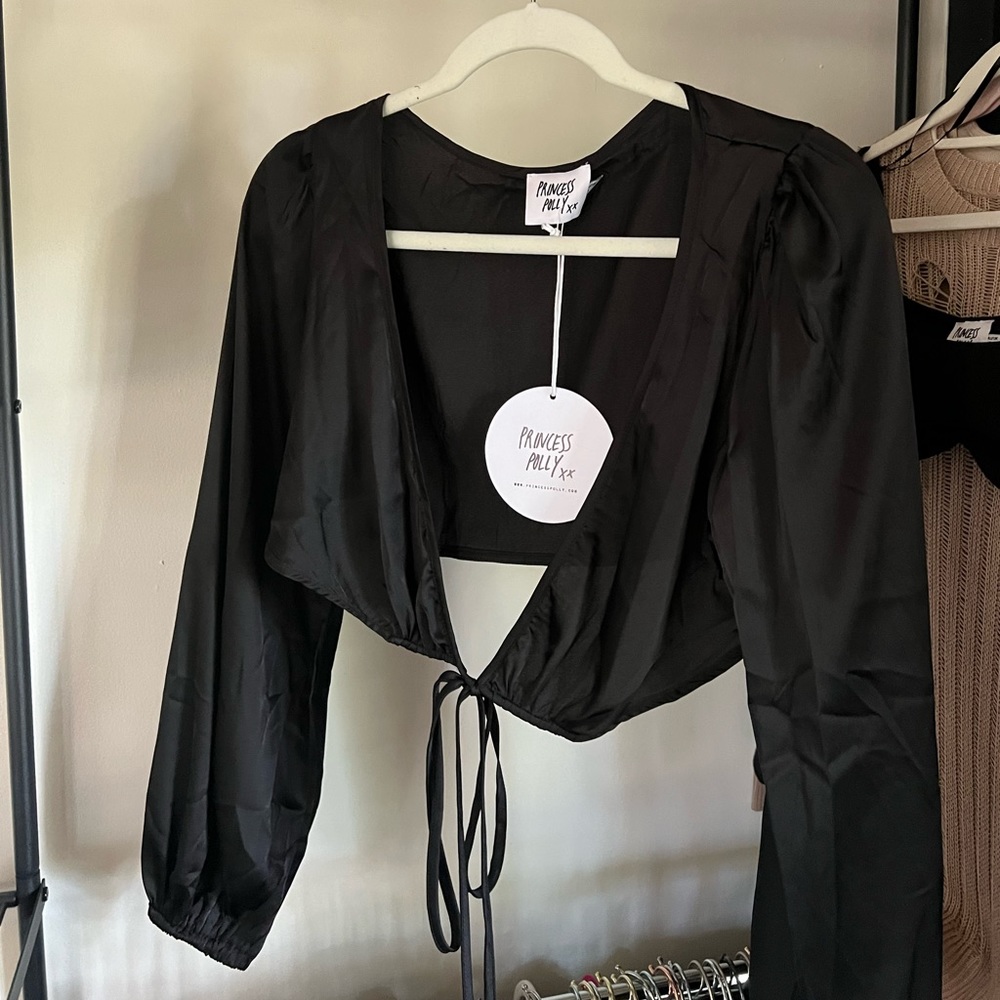 NWT Princess Polly Black Satin Long Sleeve Wrap Top - 2